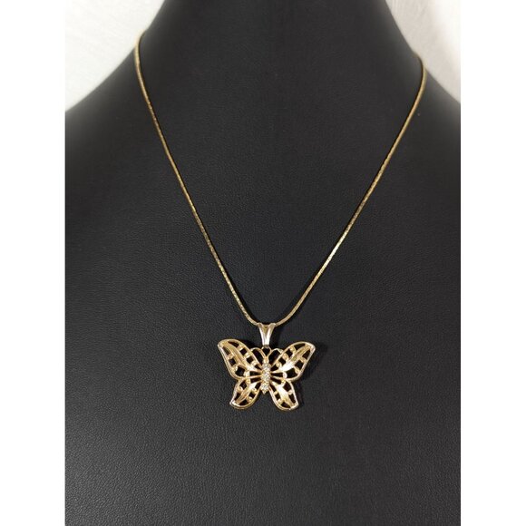 Vintage Gold Tone Butterfly Rhinestone Pendant Necklace 18" - Picture 2 of 8